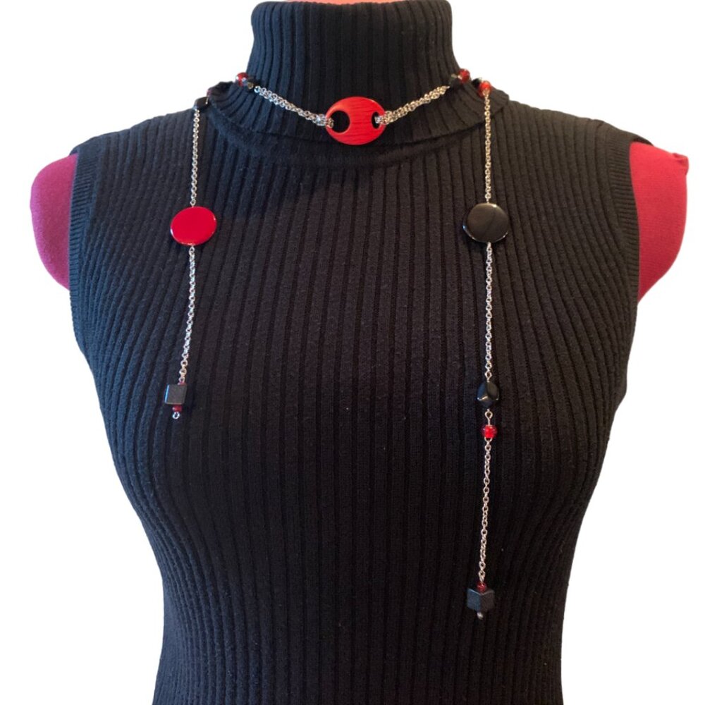 2x18$ 🦃 🍂HANDMADE - Red & Black Beads chains necklace - Collar + 2 drop chains
